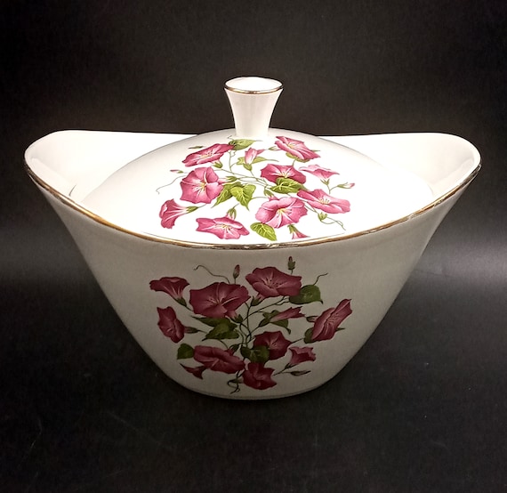 TENDER TABLE in white porcelain, gold edging, purple ipomea pattern