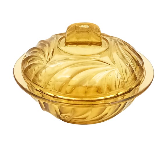COLOURED GLASS CANDY BOX, SUGAR BOWL, YELLOW JEWELRY BOX