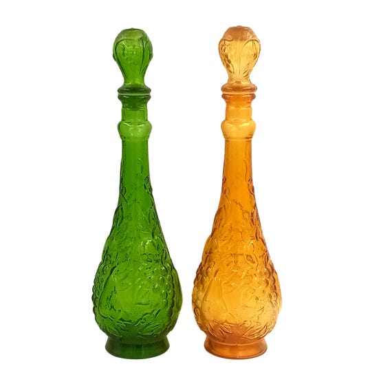 Large CARAFE genius fruit pattern, vintage green yellow