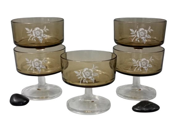 5 CUPS with smoked glass foot, Cavalier Luminarc France, vintage 70s