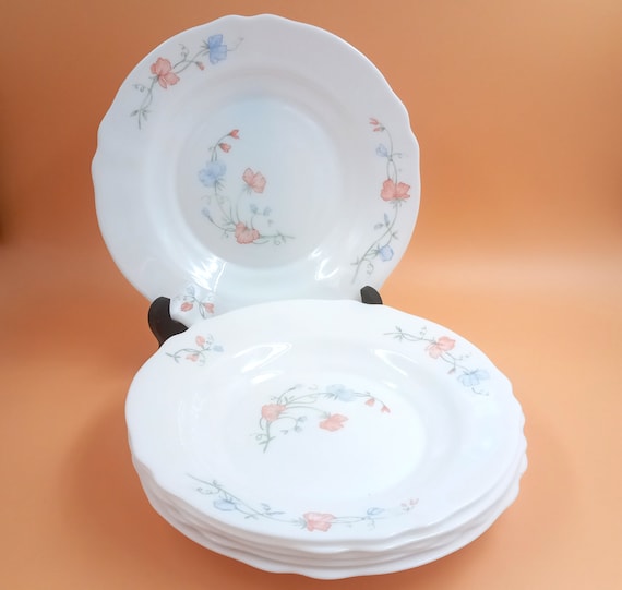 5 or 6 hollow opaline PLATES arcopal France, sweet pea pattern
