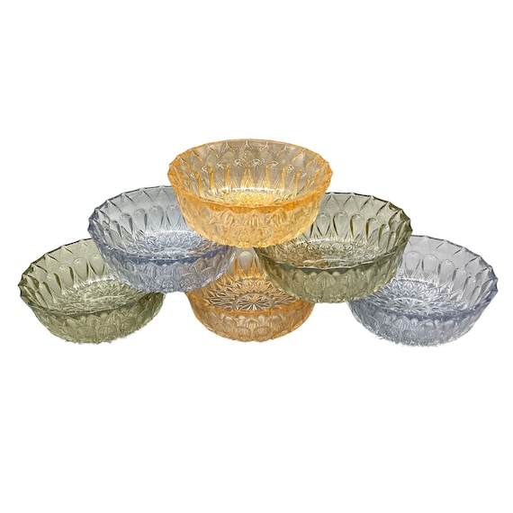 6 vintage colored glass RAMEQUINS France, harlequin dessert bowls