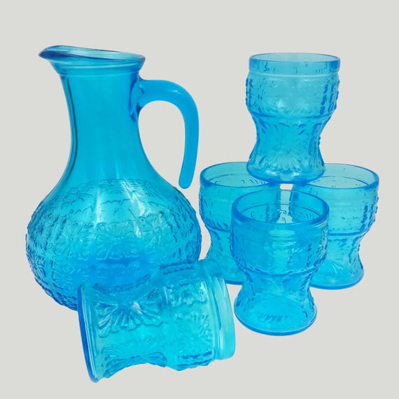 ORANGEADE SERVICE, pitcher and 5 vintage glasses, turquoise glass FIDENZA 1960, lemonade glasses, embossed flower pattern
