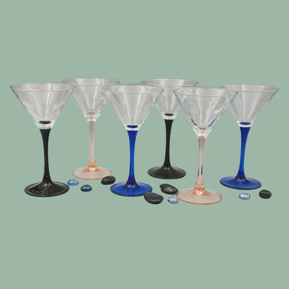 6 Cocktail glasses with black, blue, pink stem, Vintage France 1980 LUMINARC