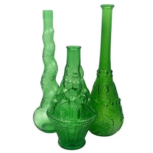 Large emerald GREEN CARAFE genius grape and cherry motif, vintage