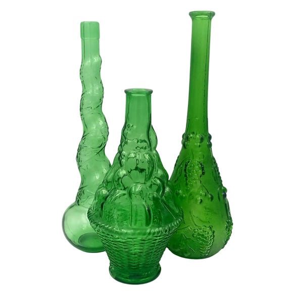 Large emerald GREEN CARAFE genius grape and cherry motif, vintage