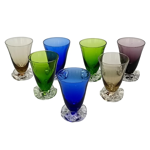 7 elegant vintage multi-colored antique crystal liqueur glasses