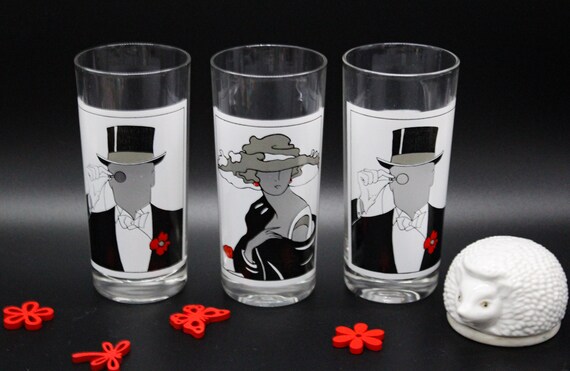 Trio of tall illustrated glasses from Reims, France, vintage