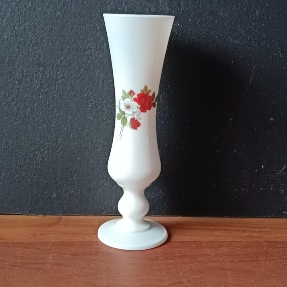 Pretty vintage white opaline vase with a red rose motif