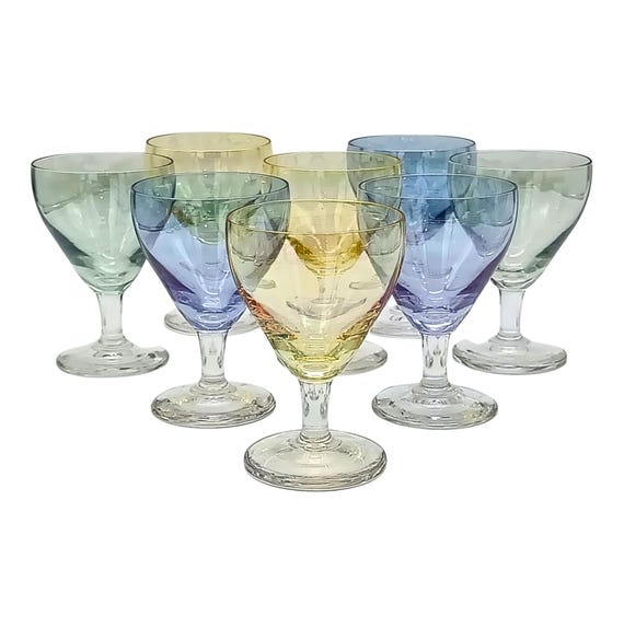 8 elegant vintage cognac glasses in multicolored crystal Arlequin France