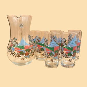 PITCHER and 8 GLASSES French vintage glass, Water jug with handle, Carafe