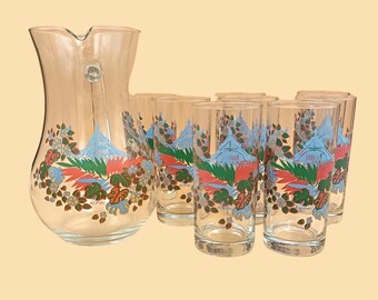Vintage French glass pitcher and 8 glasses, water jug with handle, carafe
