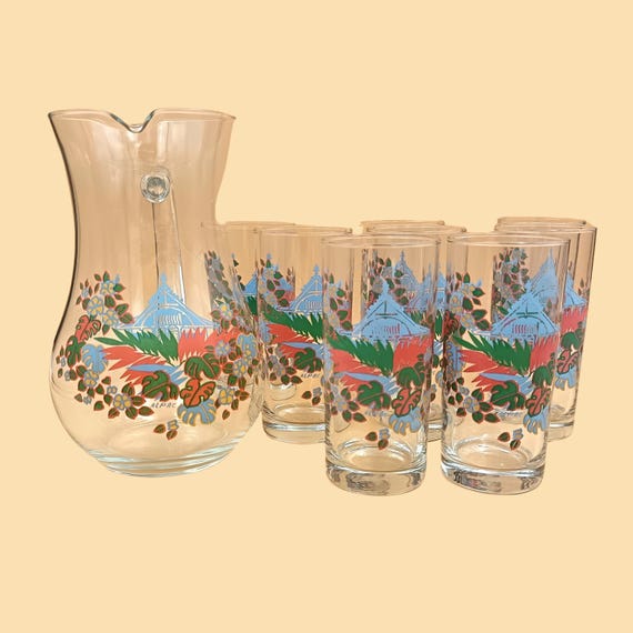 PITCHER and 8 GLASSES French vintage glass, Water jug with handle, Carafe