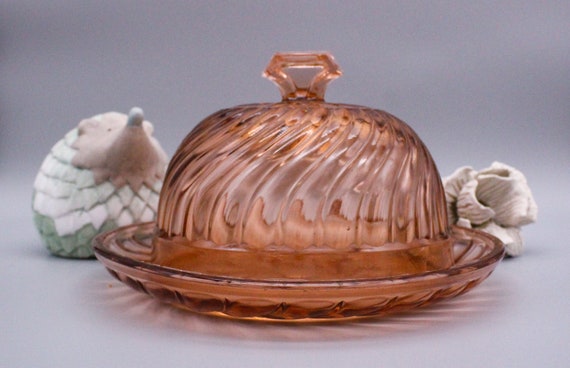 Pink glass PLAT with bell, vintage pressed glass dish, cheese cake dish