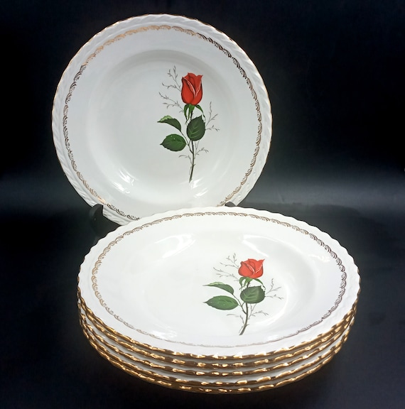 6 vintage French hollow PLATES with red rose pattern Faïencerie de Saint-Amand, vintage “La rose” model