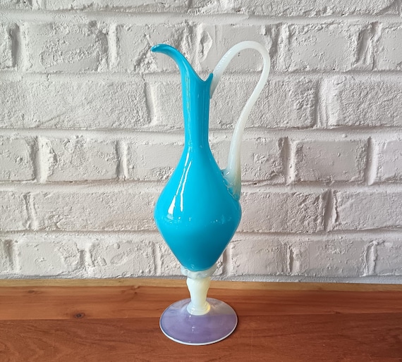 Vintage light blue opaline vase with handle
