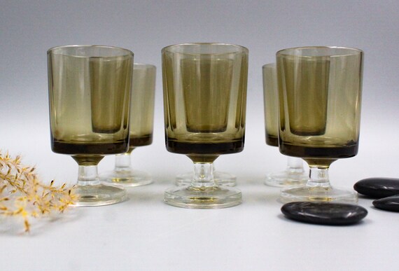6 GLASSES 4 cl liqueur smoked glass with stem model Sweden Luminarc number 7