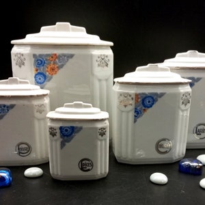 5 Art Deco spice jars, vintage, food boxes for flour, sugar, tea