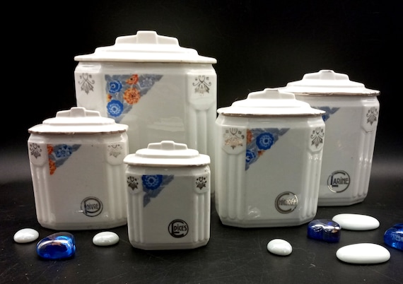 5 Art Deco spice jars, vintage, food boxes for flour, sugar, tea