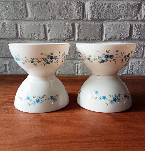 4 Arcopal bowls with Veronica decor, blue and white forget-me-not flowers, France vintage