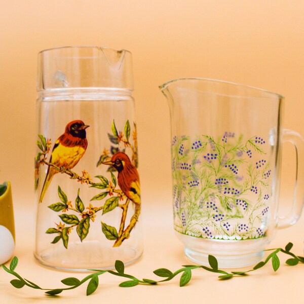 PICHET à limonade Vintage, Luminarc France motifs fleurs oiseaux