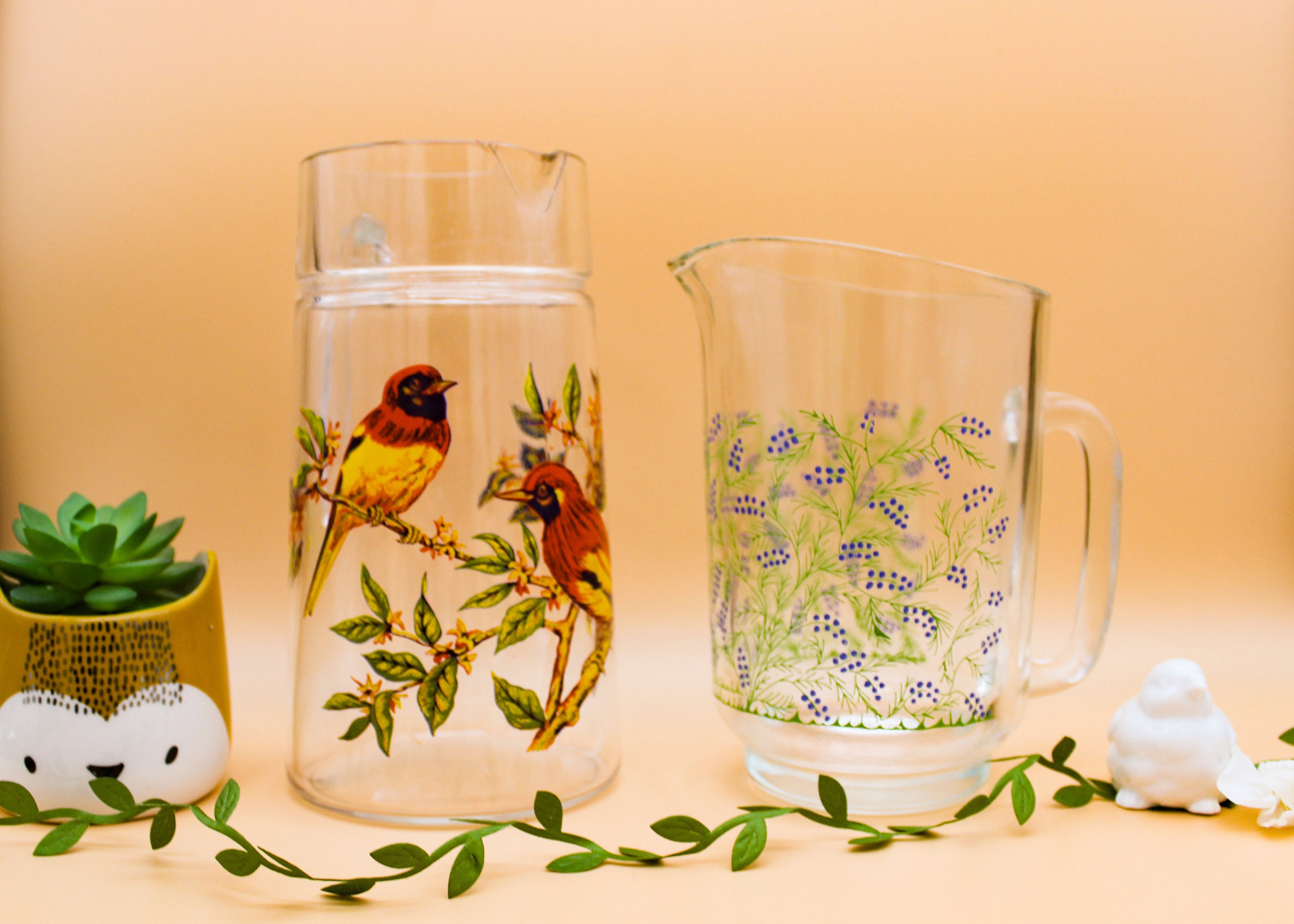 Pichet à Limonade Vintage, Luminarc France Motifs Fleurs Oiseaux