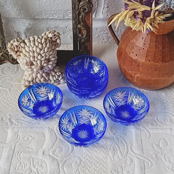 6 mini cut glass bowls, vintage cobalt blue salt shaker