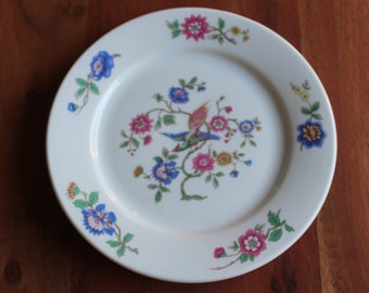 6 porcelain dessert PLATES with bird and pillivuyt flowers pattern, vintage ceramic tableware