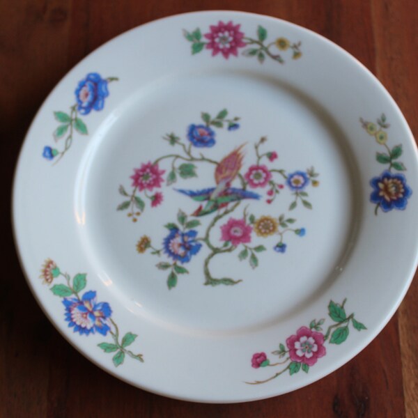 6 ASSIETTES dessert porcelaine motif oiseau et fleurs pillivuyt, vaisselle vintage céramique