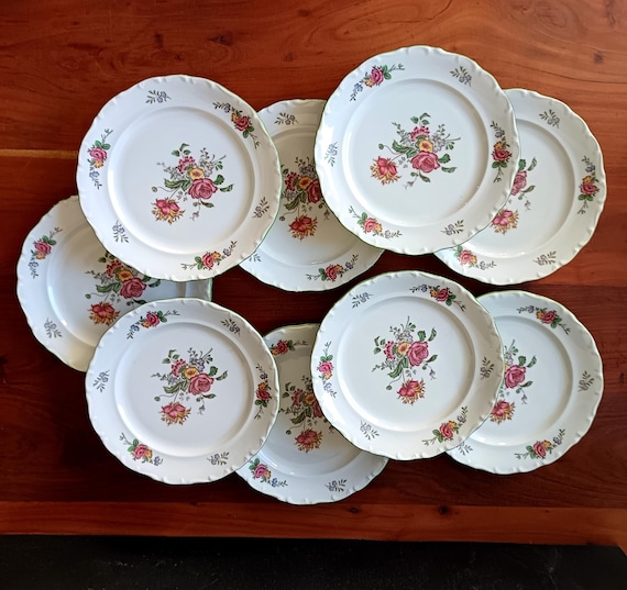 9 vintage dinner plates, porcelain with floral decoration, old Colmar pattern