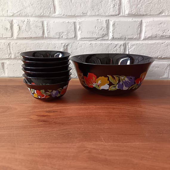 Dessert set, salad bowl and 6 Arcopal black opaline bowls with floral pattern, vintage France