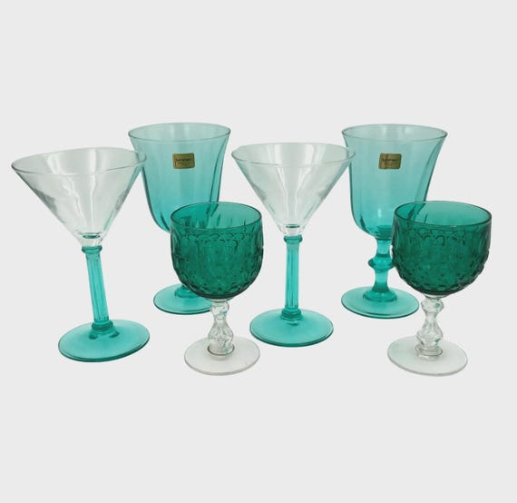 6 Assorted Vintage Turquoise Glass Wine Glasses Flutes