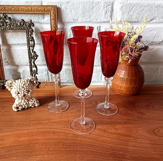 4 FLÛTES vintage verre soufflé rouges
