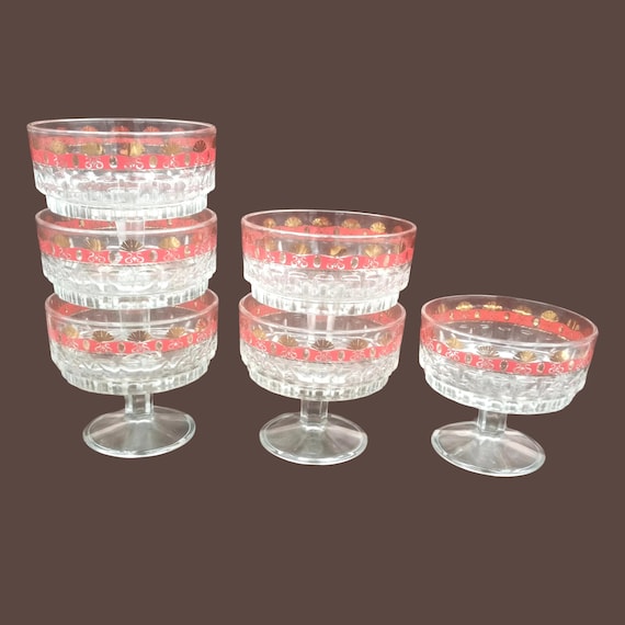 6 vintage Champagne cups with stemmed glass, red and gold, dessert cups, Italy