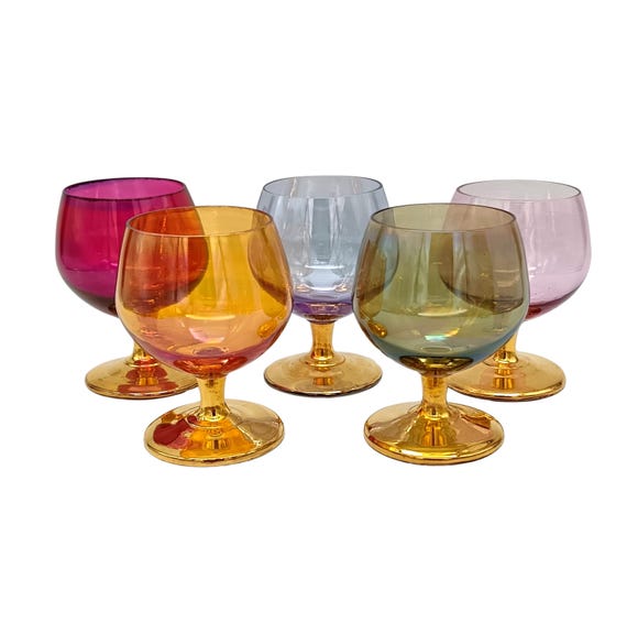 5 elegant vintage cognac GLASSES in vintage multi-colored glass Arlequin France