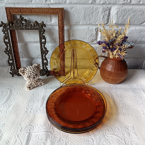 6 vintage amber tempered glass dessert plates from ARCOROC