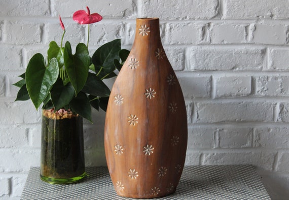 Large ceramic VASE, imitation patinated wood glaze with white flower decoration, 2000s