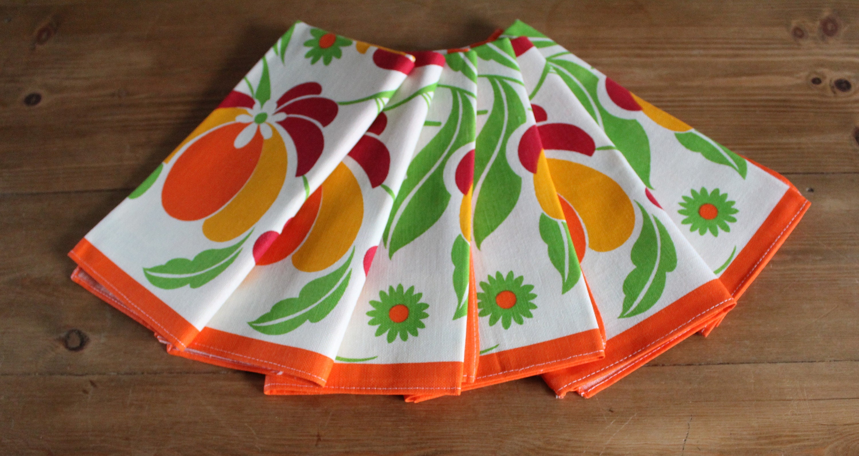 6 Serviettes de Table en Coton et Viscose Motifs Fleurs Orange sur Fond Blanc Vintage Années 70