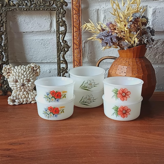 6 vintage Arcopal ramekins, assorted floral designs, 1970