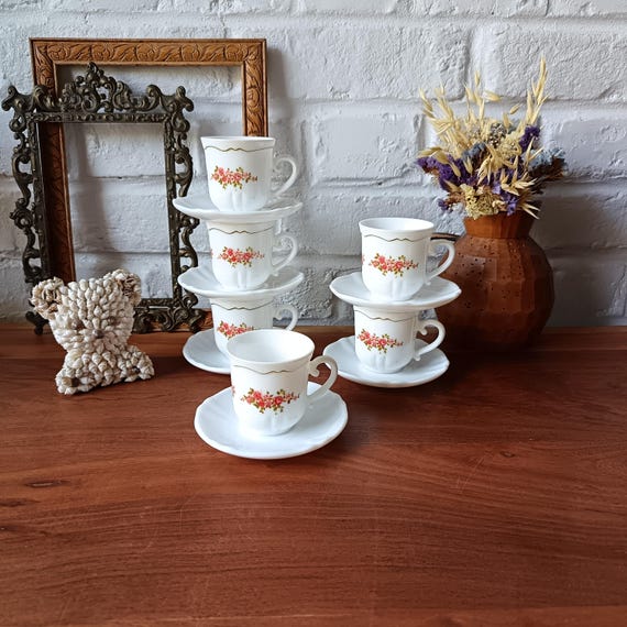 6 ARCOPAL 1980s retro vintage opaline glass milk cups and saucers