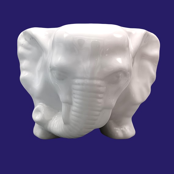 Vintage white elephant CACHE POT, zoomorphic plant holder, ceramic, France