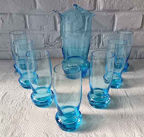 ORANGEADE SERVICE, pitcher and 7 vintage turquoise glass glasses, blown glass