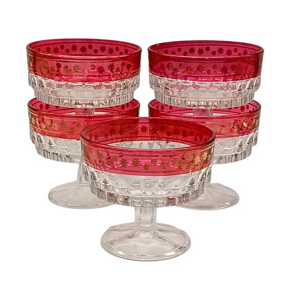 5 vintage Champagne cups in red and gold footed glass, dessert cups, Italy