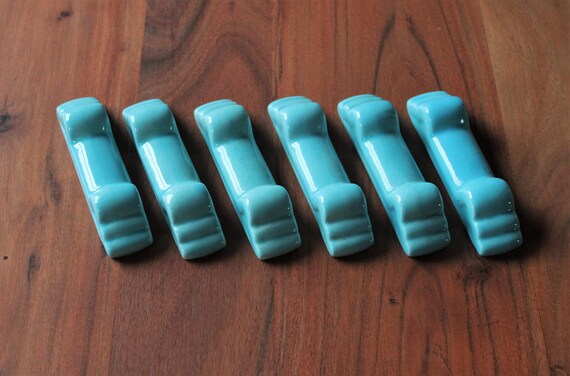 6 vintage turquoise ceramic knife holders France