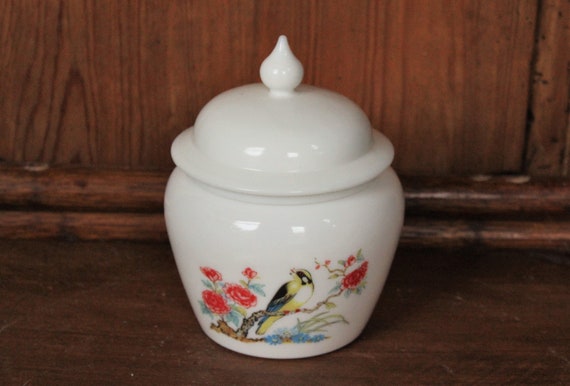 Vintage AVON opaline glass jar, glass candy jar with milk flowers and bird