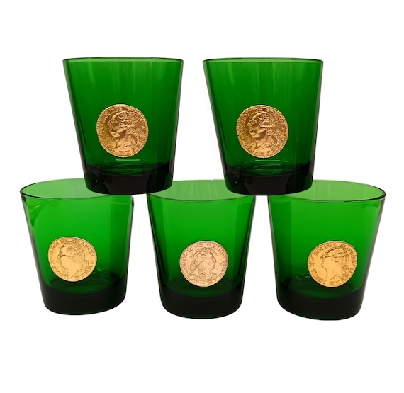 5 green GLASSES Dubonnet BYRRH Lion Medallion, Kings of France