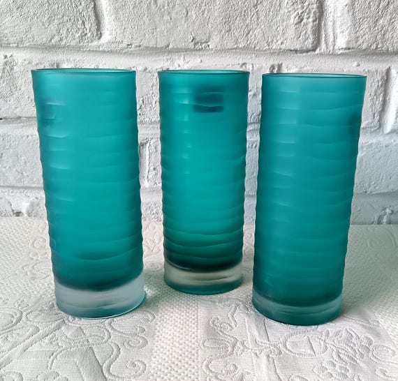 Set of 2 or 3 vintage turquoise colored glass vases, France, Mikasa mouth-blown
