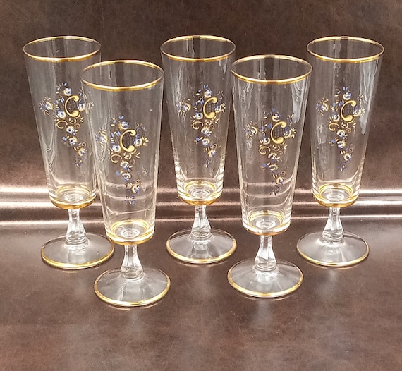 5 clear and vintage gold champagne flutes