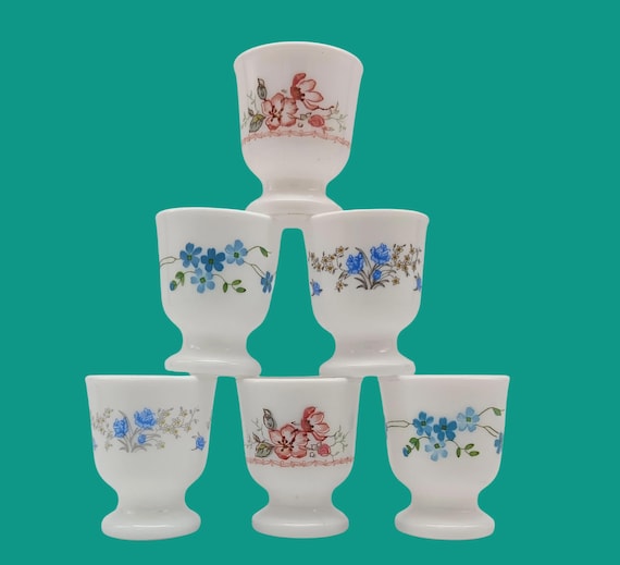 6 Arcopal assorted egg cups, vintage France, opaline