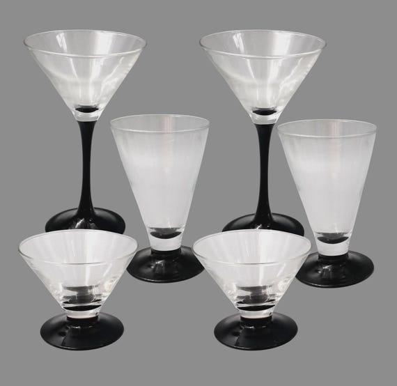 6 vintage black opaline stemmed glasses assorted domino